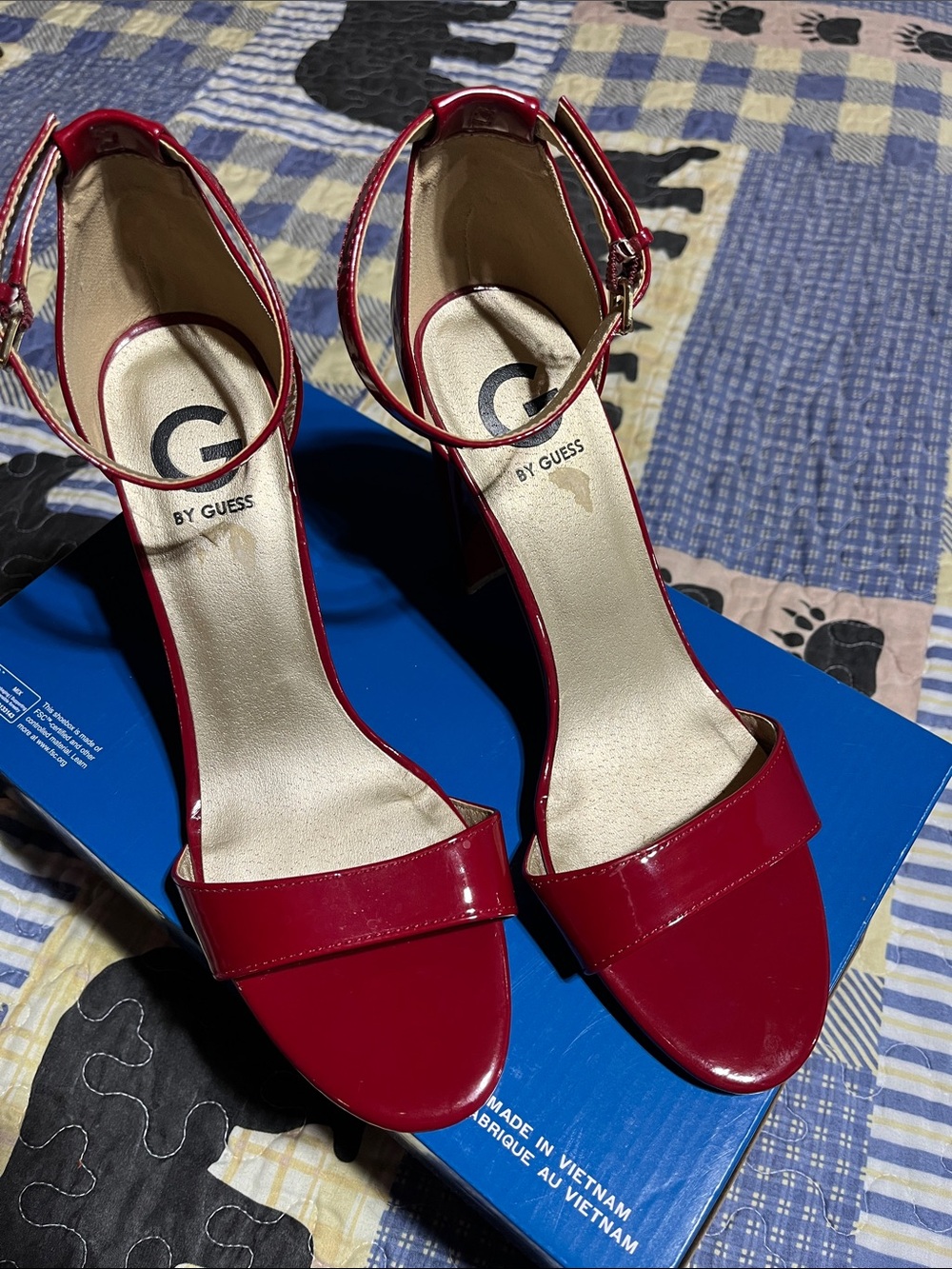 GUESS Glossy Red Ankle-Strap Block Heels